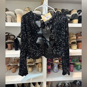 Sequin Black Top with Bow Accents